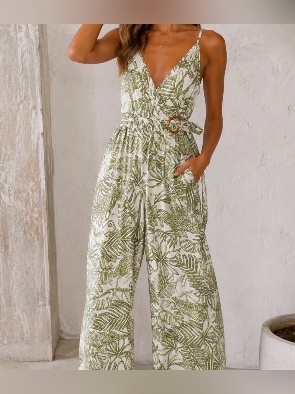Sincerely Jules Linen Blend Tropical Palm Print Wrap Jumpsuit NWT Small